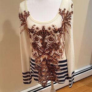 Cache Cream and Brown Long Sleeve Top